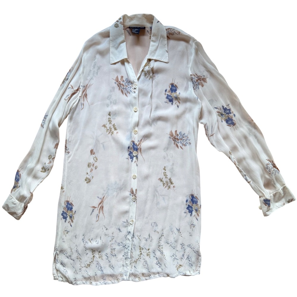Tristan & Iseut VTG Floral Sheer Button Down Tunic Blouse Cream Blue Tan Size 10